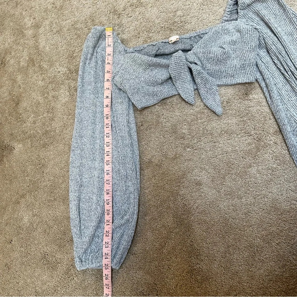 Luxxel Sweater Balloon Bishop Sleeve Gray Knit Crop Top Shrug Tie Front Large - Picture 3 of 6